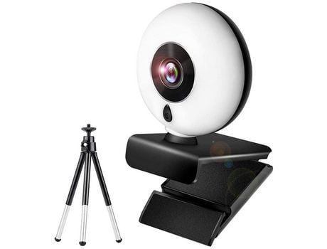 Cámara web Full HD 1080P con micrófono y anillo de luz, transmisión USB, cámara web para computadora con trípode y escudo de privacidad, color negr...