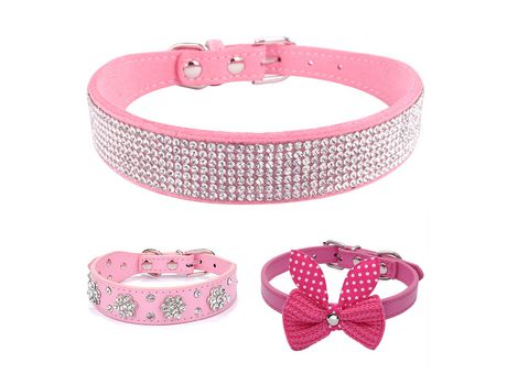 Collar de perro de cuero de PU Collar de perro de mosaico floral rosa con diamantes de imitación ajustable