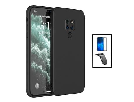 Kit Película Cristal Templado 5D Full Cover + Funda Slicona Líquido + Soporte Magnético de Coche Reforzado para Huawei Mate 20X 5G - Negro