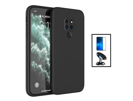 Kit Película Cristal Templado 5D Full Cover + Funda Slicona Líquido + Soporte Magnético de Coche para Huawei Mate 20X 5G - Negro