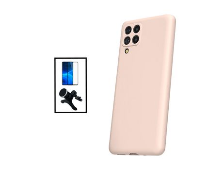 Kit Película de Cristal Templado 5D Full Cover + Funda Silicona Líquida + Soporte Magnético de Coche Reforzado para Samsung Galaxy M33 5G - Rosa