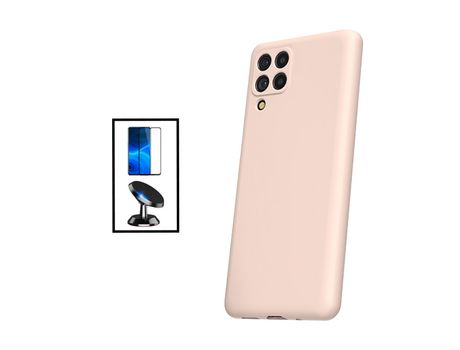 Kit Película de Cristal Templado 5D Full Cover + Funda Silicona Líquida + Soporte Magnético de Coche para Samsung Galaxy M33 5G - Rosa