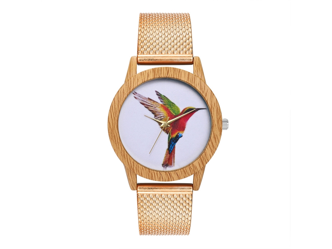 Reloj De Pulsera Unisex Con Estampado De Pájaros Y Correa De Malla De Oro Rosa Con Cuarzo.