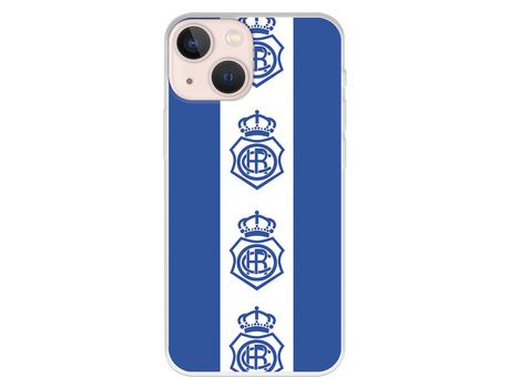 Funda para iPhone 13 Mini del Recre Fondo Azul Escudos Patron Verticales - Licencia Oficial Real Club Recreativo de Huelva