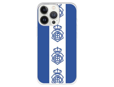 Funda para iPhone 13 Pro del Recre Fondo Azul Escudos Patron Verticales - Licencia Oficial Real Club Recreativo de Huelva