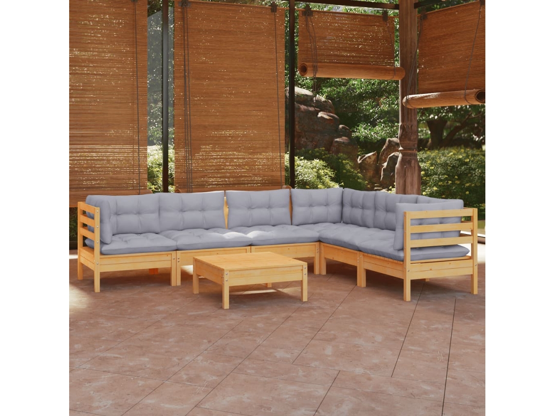 7 Piezas Conjunto Lounge De Jardim Almofadões Cinza Pinho Maciço Dkd Decoración Del Hogar