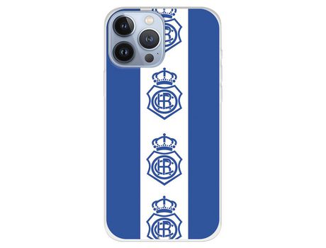 Funda para iPhone 13 Pro Max del Recre Fondo Azul Escudos Patron Verticales - Licencia Oficial Real Club Recreativo de Huelva