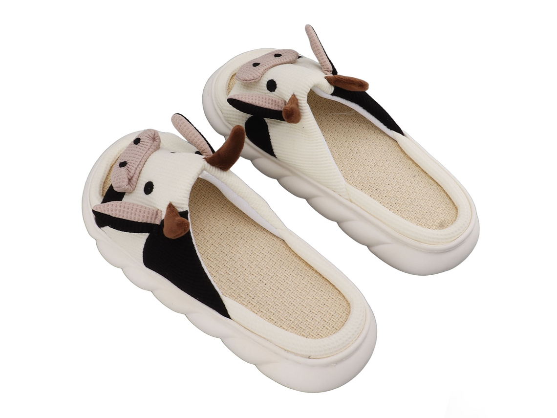 Pantuflas de lino resistentes al desgaste, cómodas pantuflas de interior con punta abierta, sandalias para las cuatro estaciones, estampado de vaca