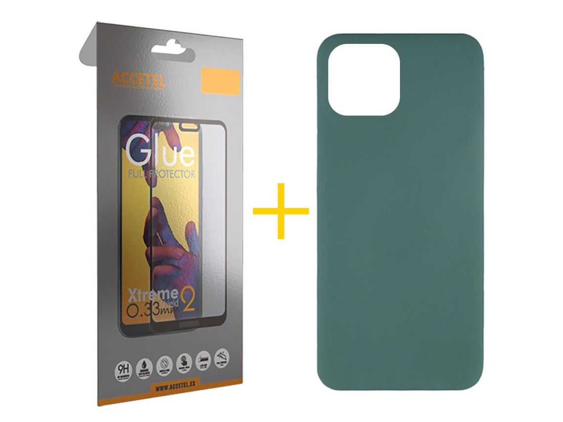 Juego 1 X Película de Vidrio Templado Full y Funda ACCETEL por Apple iPhone 14 Silicona Líquida Verde