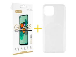 Juego 1 X Película de Vidrio Templado 2.5D y Funda ACCETEL por Apple iPhone 14 Silicona Líquida Incoloro Clear