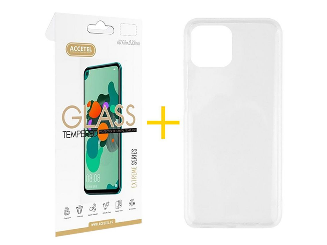 Juego 1 X Película de Vidrio Templado 2.5D y Funda ACCETEL por Apple iPhone 14 Silicona Líquida Incoloro Clear