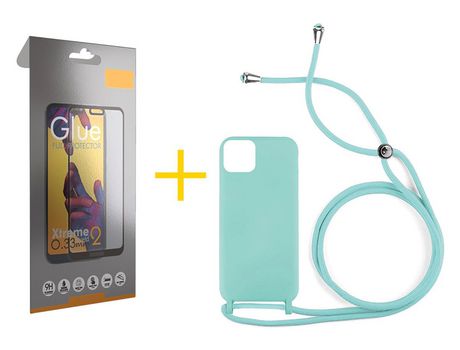 Pack 1 X Película de Vidrio Templado Full + Funda SKYHE por Apple iPhone 15 Gel con Cordón Agua Verde