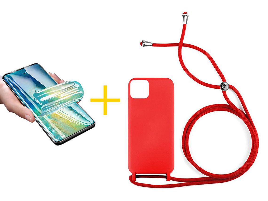 Juego 1 X Película de Vidrio Templado Hidrogel + Funda Accetel por Apple iPhone 14 Plus Gel con Cordón Rojo
