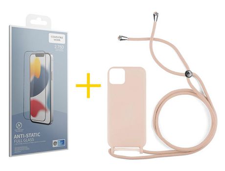 Juego 1 X Película de Vidrio Templado Antiestático y Funda SKYHE por Apple iPhone 14 Gel con Cordón Rosa Pastel