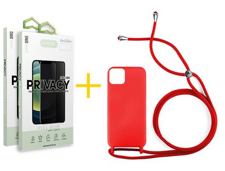 Juego 2 X Película de Vidrio Templado Antiespia + Funda Accetel por Apple iPhone 14 Plus Gel con Cordón Rojo