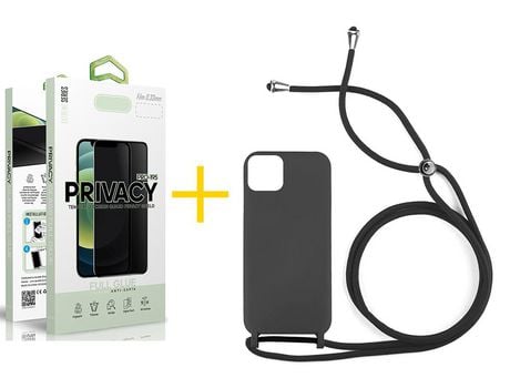 Pack 1 X Película de Vidrio Templado Antiespia + Funda SKYHE por Apple iPhone 15 Pro Gel con Cordón Negro