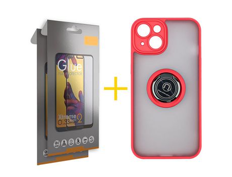 Juego 2 X Película de Vidrio Templado Full y Funda SKYHE por Apple iPhone 14 Gel Bumper con Anillo Rojo