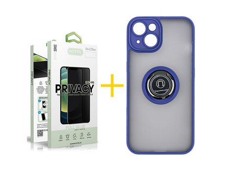 Juego 1 X Película de Vidrio Templado Antiespia y Funda ACCETEL por Apple iPhone 14 Gel Bumper con Anillo Azul