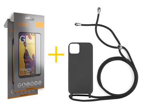 Juego 2 X Película de Vidrio Templado Full + Funda Accetel por Apple iPhone 14 Plus Gel con Cordón Negro