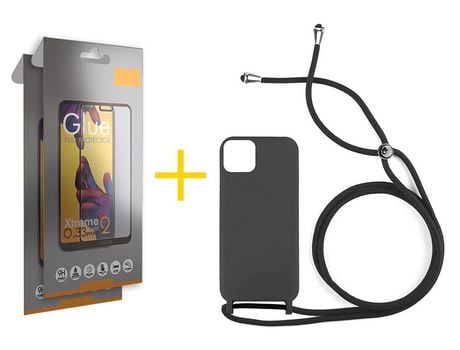 Pack 2 X Película de Vidrio Templado Full + Funda SKYHE por Apple iPhone 15 Pro Gel con Cordón Negro