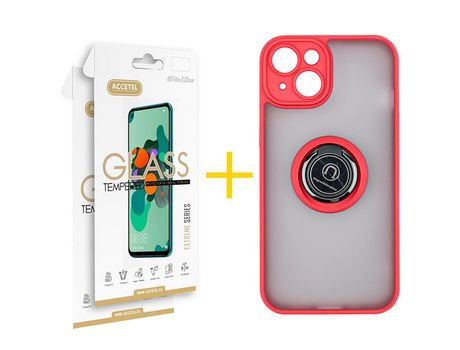 Juego 2 X Película de Vidrio Templado 2.5D y Funda ACCETEL por Apple iPhone 14 Gel Bumper con Anillo Rojo