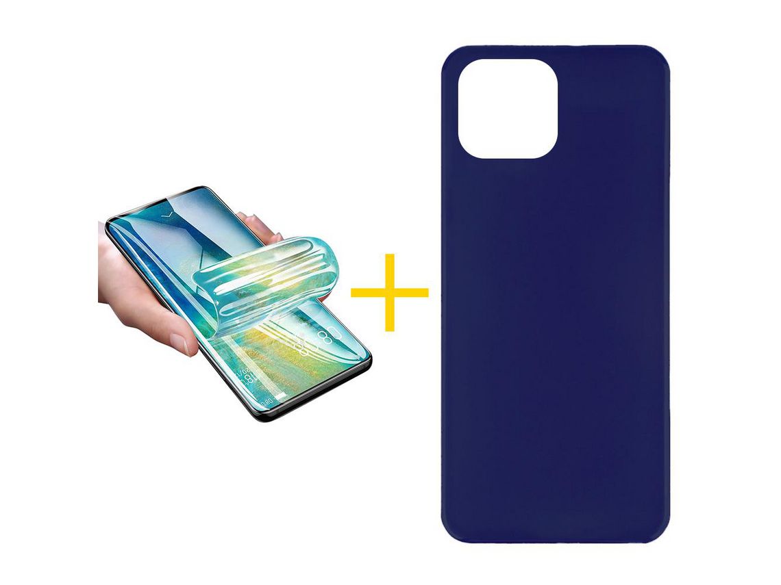 Juego 1 X Película de Vidrio Templado Hidrogel y Funda SKYHE por Apple iPhone 14 Silicona Liso Azul Oscuro