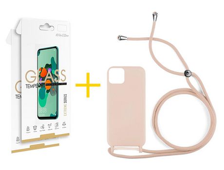 Pack 2 X Película de Vidrio Templado 2.5D + Funda GANDY por Apple iPhone 15 Gel con Cordón Rosa Pastel