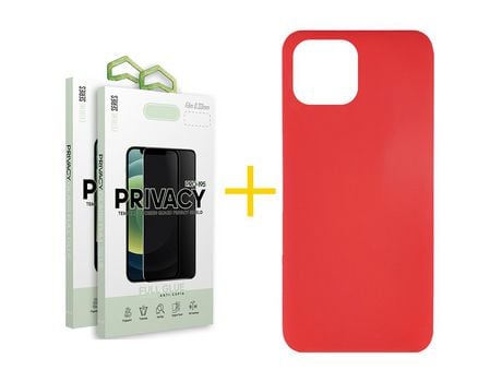 Pack 2 X Película de Vidrio Templado Antiespia + Funda GANDY por Apple iPhone 15 Pro Silicona Líquida Rojo
