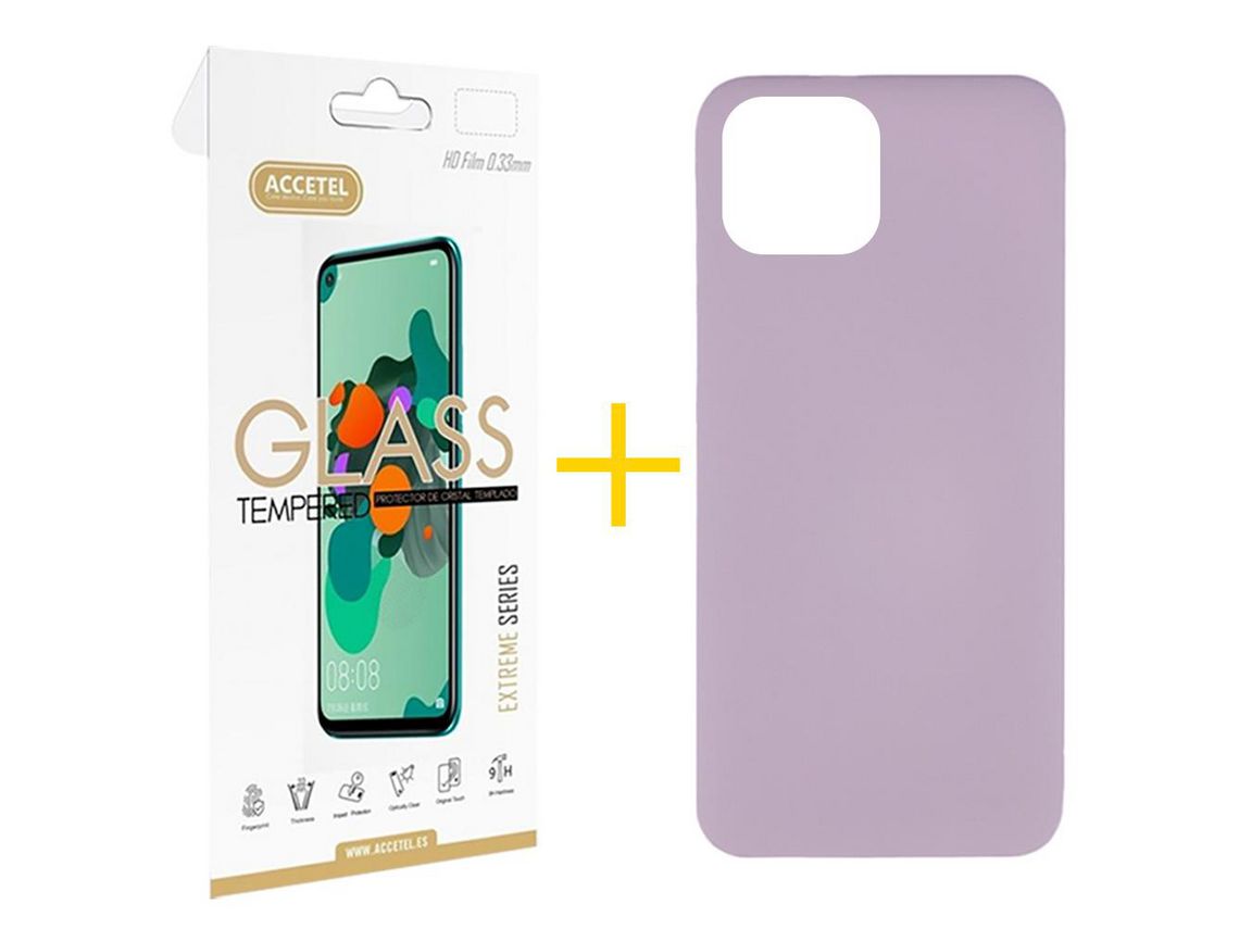 Pack 1 X Película de Vidrio Templado 2.5D + Funda Accetel para iPhone 14 Plus Silicona Líquida Morado
