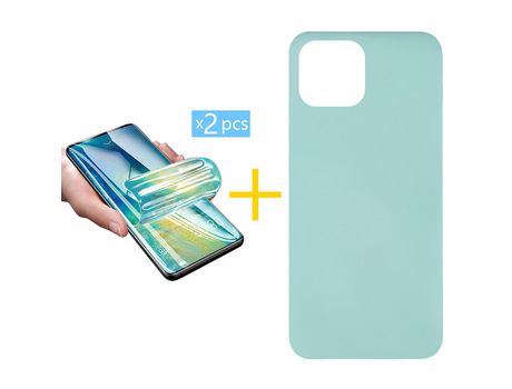 Juego 2 X Película de Vidrio Templado Hidrogel y Funda ACCETEL por Apple iPhone 14 Silicona Líquida Verde-Água