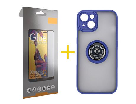 Juego 1 X Película de Vidrio Templado Full y Funda SKYHE por Apple iPhone 14 Gel Bumper con Anillo Azul