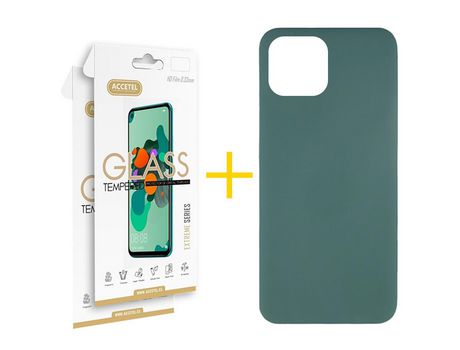Juego 2 X Película de Vidrio Templado 2.5D + Funda Accetel por Apple iPhone 14 Plus Silicona Líquida Verde