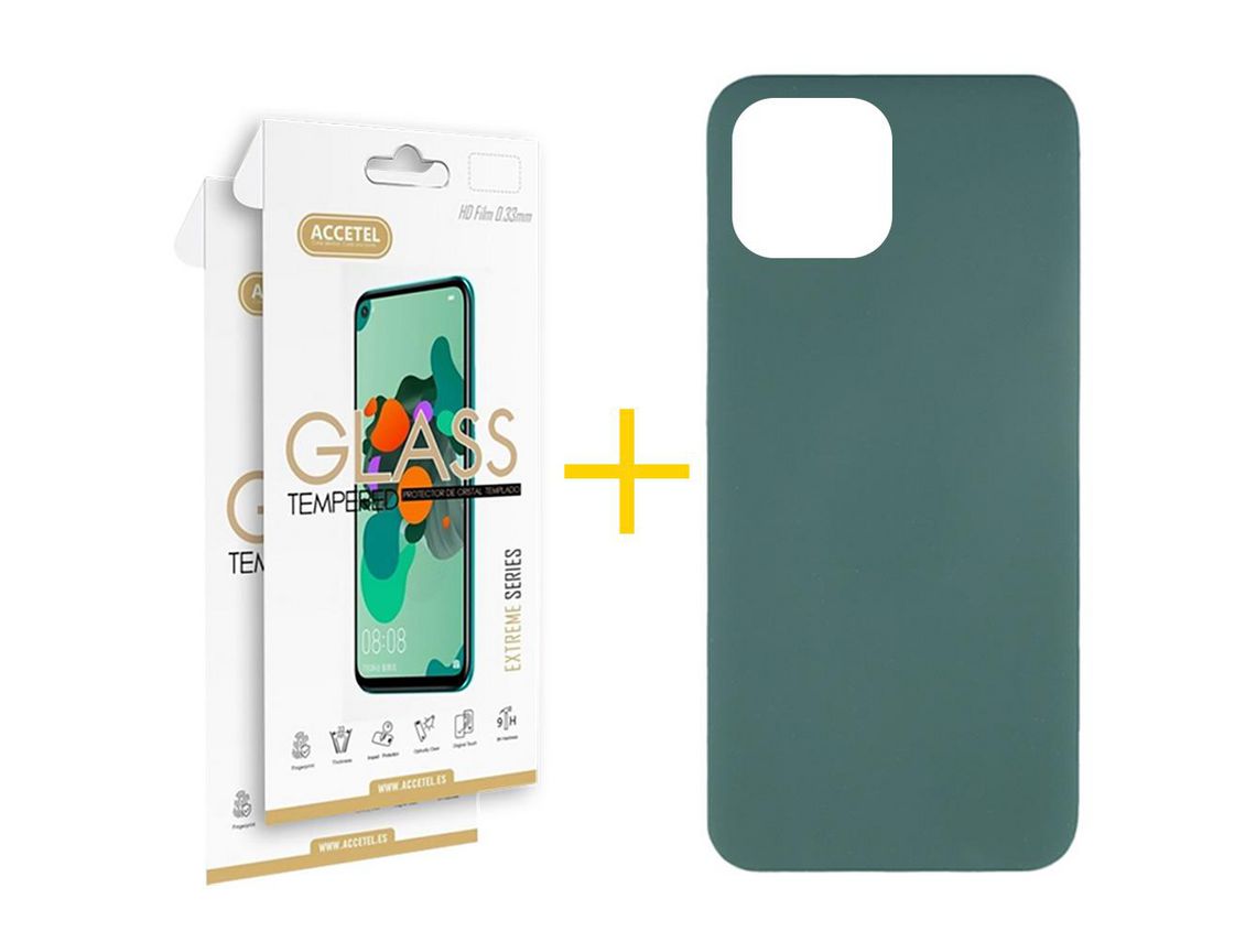 Juego 2 X Película de Vidrio Templado 2.5D + Funda Accetel por Apple iPhone 14 Plus Silicona Líquida Verde