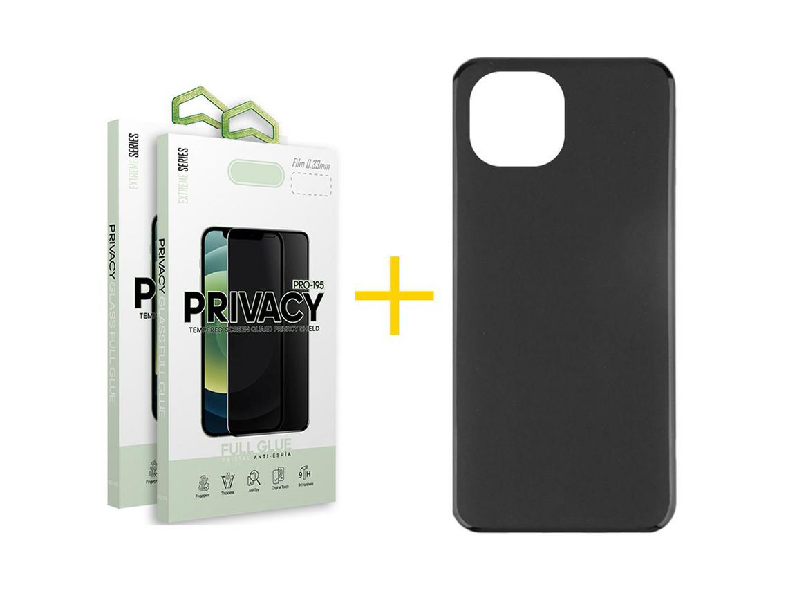 Pack 2 X Película de Vidrio Templado Antiespia + Funda SKYHE por Apple iPhone 15 Plus Silicona Liso Negro