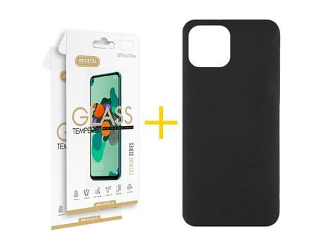 Juego 2 X Película de Vidrio Templado 2.5D + Funda Accetel por Apple iPhone 14 Plus Silicona Líquida Negro