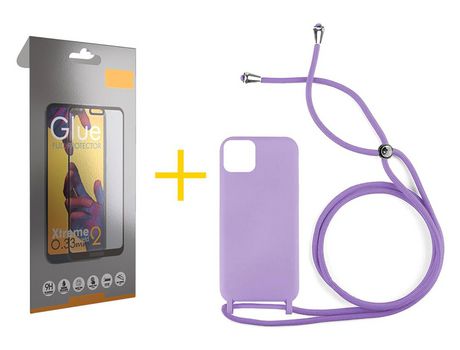 Juego 1 X Película de Vidrio Templado Full + Funda skyhe por Apple iPhone 14 Plus Gel con Cordón Lila
