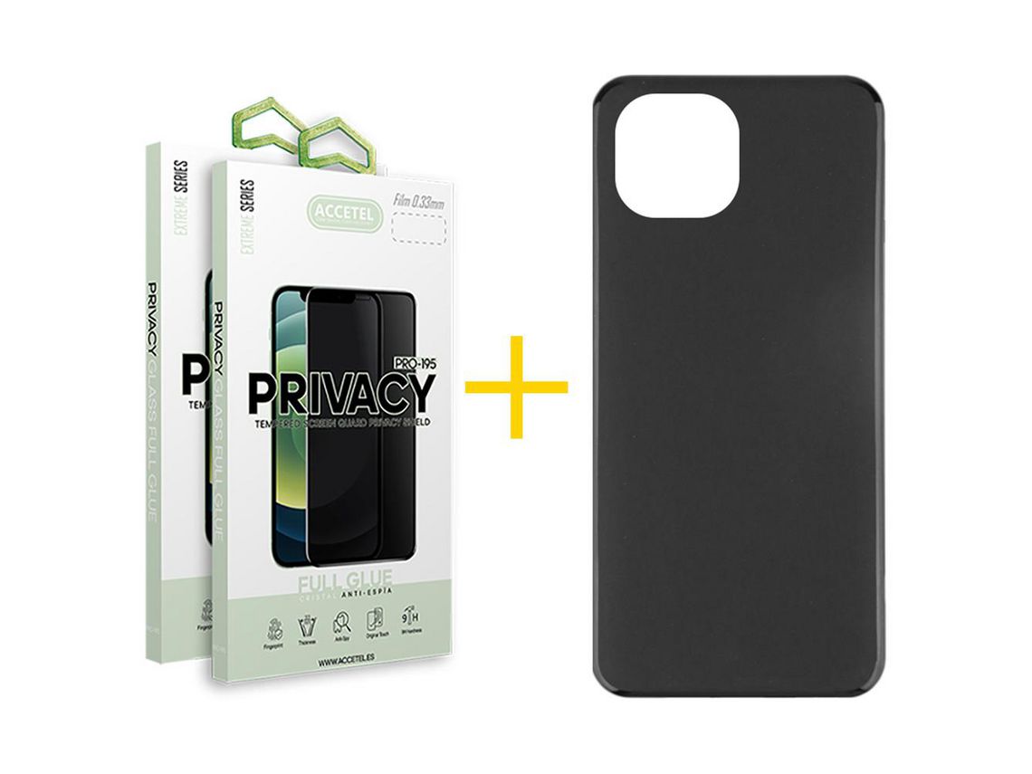 Juego 2 X Película de Vidrio Templado Antiespia + Funda Accetel por Apple iPhone 14 Plus Silicona Liso Negro