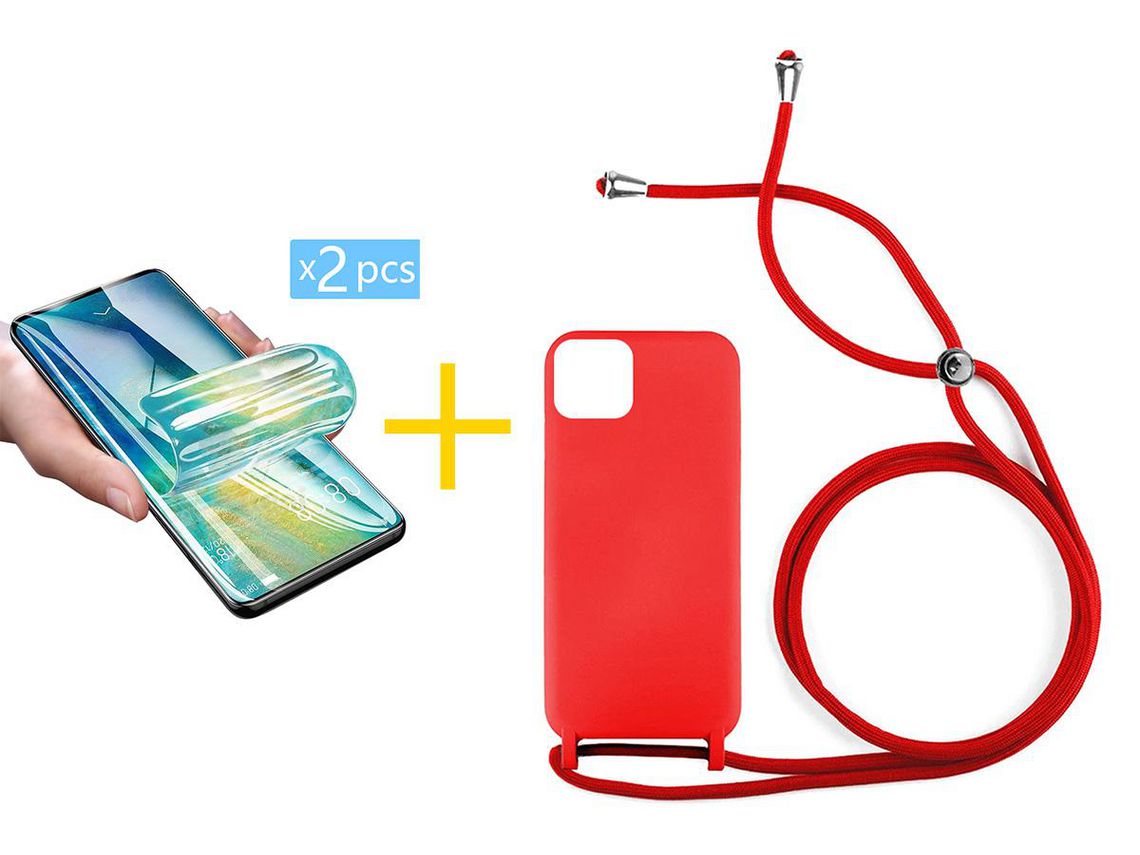 Juego 2 X Película de Vidrio Templado Hidrogel y Funda SKYHE por Apple iPhone 14 Gel con Cordón Rojo