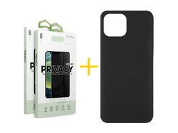 Pack 2 X Película de Vidrio Templado Antiespia + Funda GANDY por Apple iPhone 15 Pro Silicona Líquida Negro