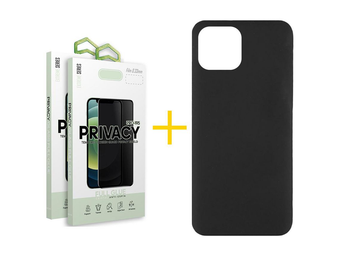 Pack 2 X Película de Vidrio Templado Antiespia + Funda GANDY por Apple iPhone 15 Pro Silicona Líquida Negro
