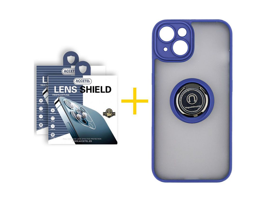 Juego 2 X Película de Cámara trasera y Funda ACCETEL por Apple iPhone 14 Gel Bumper con Anillo Azul