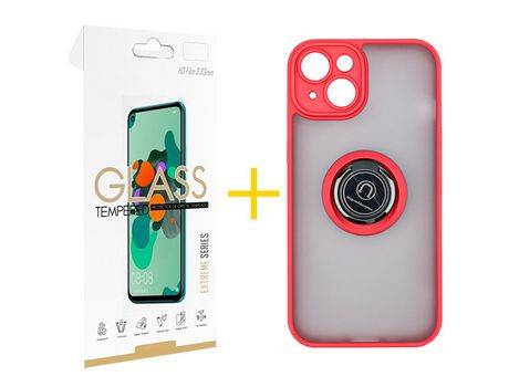 Juego 1 X Película de Vidrio Templado 2.5D y Funda SKYHE por Apple iPhone 14 Gel Bumper con Anillo Rojo
