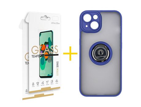 Juego 2 X Película de Vidrio Templado 2.5D y Funda SKYHE por Apple iPhone 14 Gel Bumper con Anillo Azul