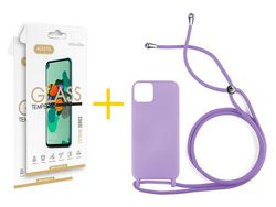 Juego 2 X Película de Vidrio Templado 2.5D y Funda ACCETEL por Apple iPhone 14 Gel con Cordón Lila