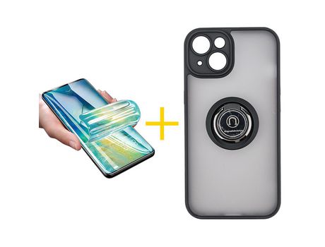 Juego 1 X Película de Vidrio Templado Hidrogel y Funda SKYHE por Apple iPhone 14 Gel Bumper con Anillo Negro