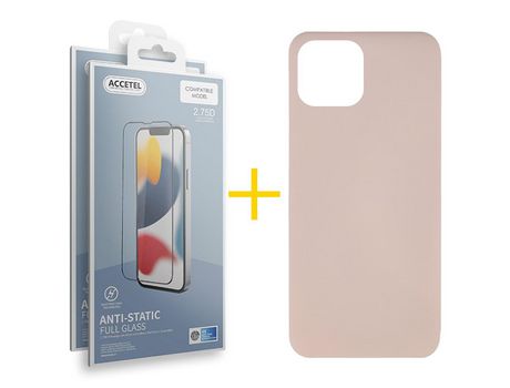 Juego 2 X Película de Vidrio Templado Antiestático + Funda Accetel por Apple iPhone 14 Plus Silicona Líquida Rosa