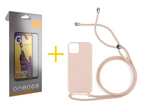 Pack 1 X Película de Vidrio Templado Full + Funda GANDY por Apple iPhone 15 Gel con Cordón Rosa Pastel