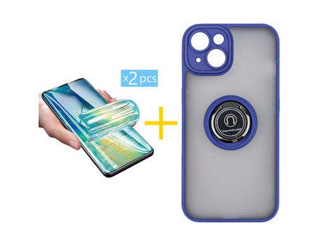 Juego 2 X Película de Vidrio Templado Hidrogel y Funda SKYHE por Apple iPhone 14 Gel Bumper con Anillo Azul