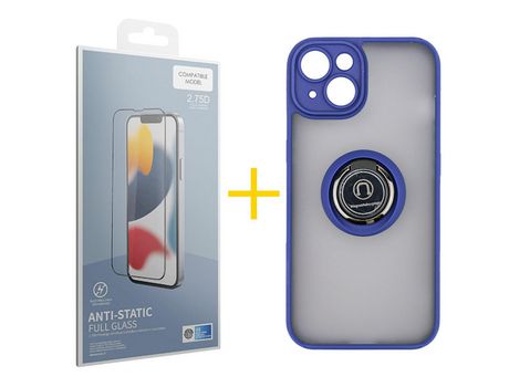 Juego 1 X Película de Vidrio Templado Antiestático y Funda SKYHE por Apple iPhone 14 Gel Bumper con Anillo Azul