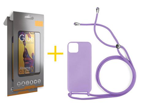 Juego 2 X Película de Vidrio Templado Full + Funda skyhe por Apple iPhone 14 Plus Gel con Cordón Lila